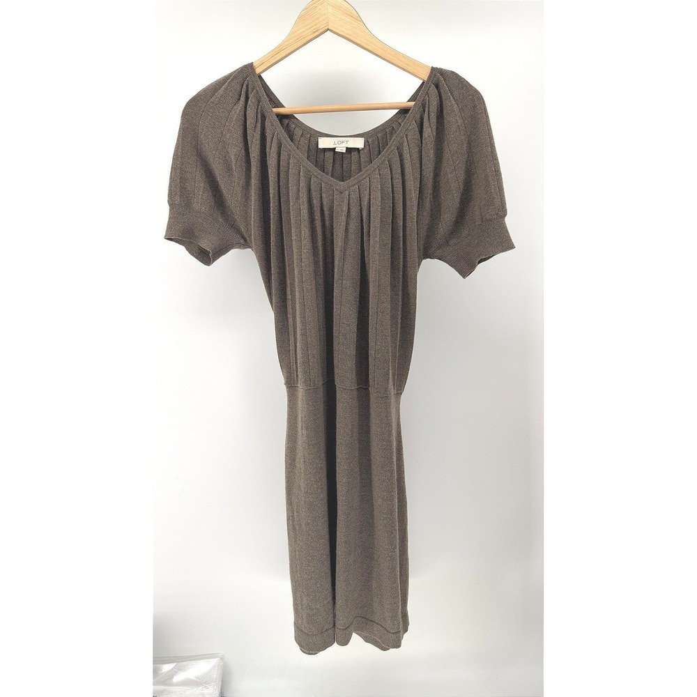 LOFT Brown Merino Wool Short Sleeve Ribbed V-Neck Sweater Dress Womens Small